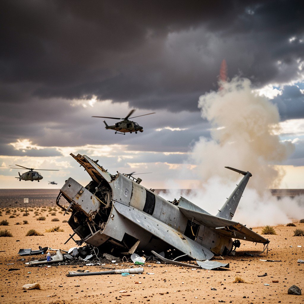 Wreckage of a downed fighter jet in a desert terrain, smoke rising, military search helicopters in the background, dramatic sky, aspect ratio 4:3