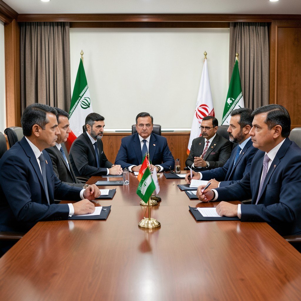 Pakistani diplomats meeting with Iranian officials in a formal conference room, serious expressions, flags on the table, diplomatic atmosphere, aspect ratio 16:9