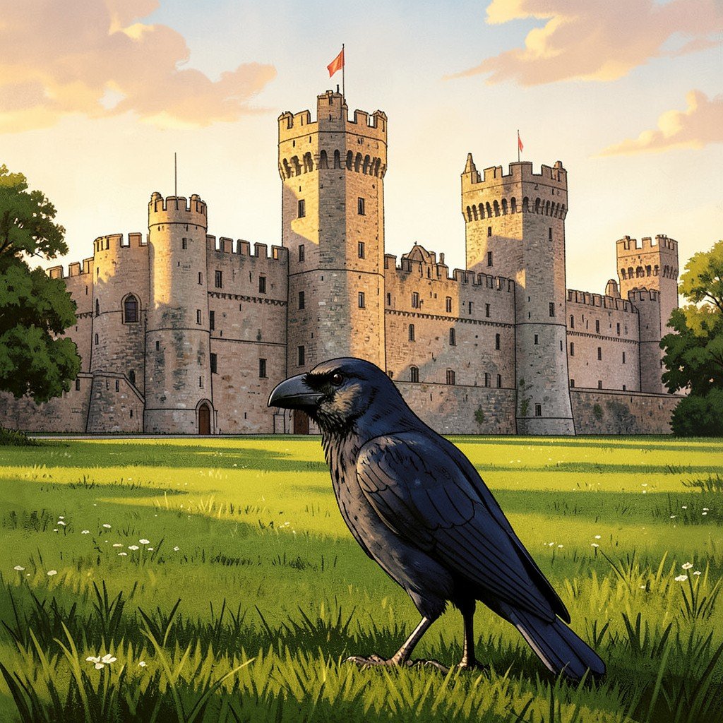 Raven perched on the green lawn of the Tower of London historic fortress background, warm natural lighting, History/Culture style, artistic illustration, 4:3