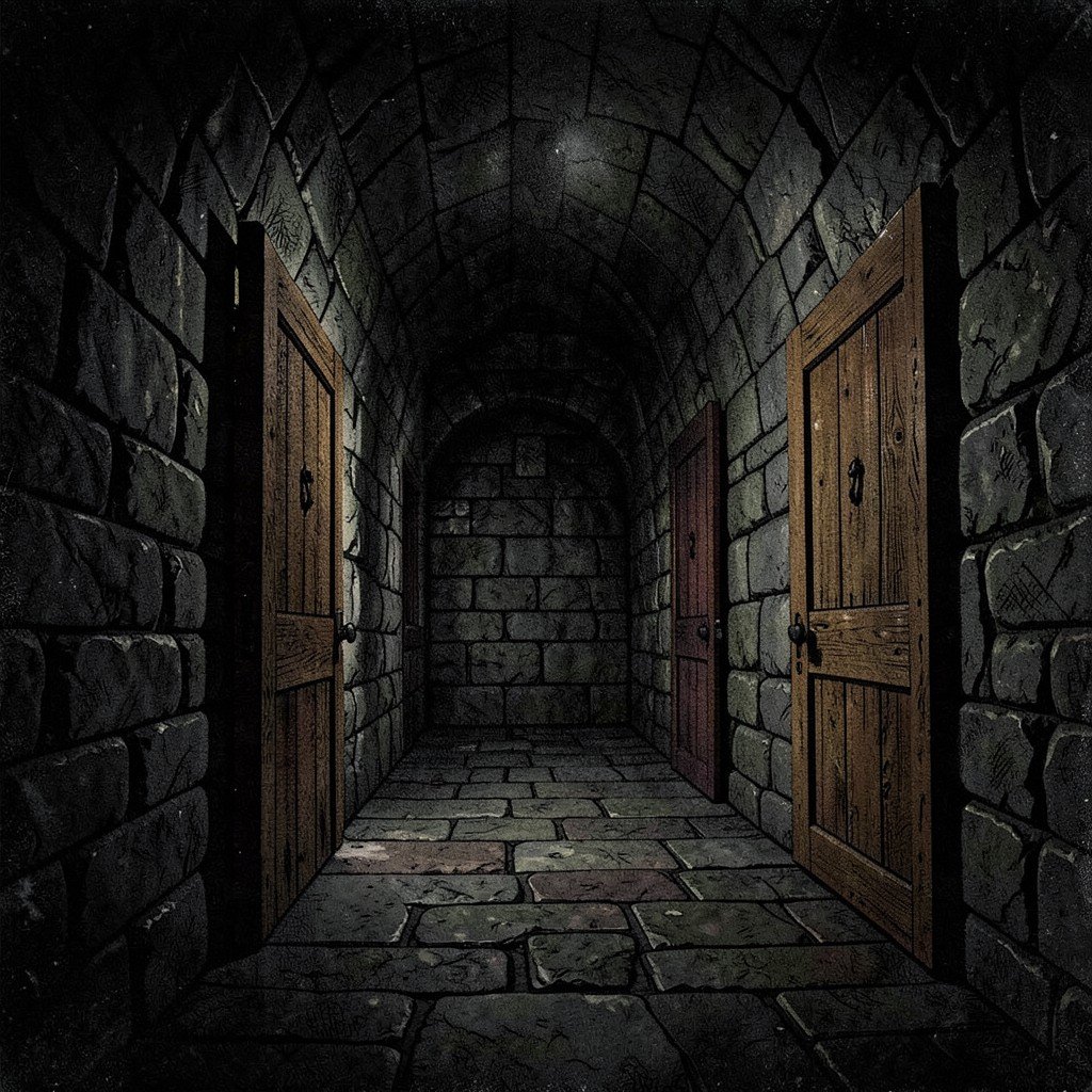Dark stone corridor inside the Tower of London prison with wooden doors and dim lighting, textured background, History/Culture style, artistic illustration, 1:1