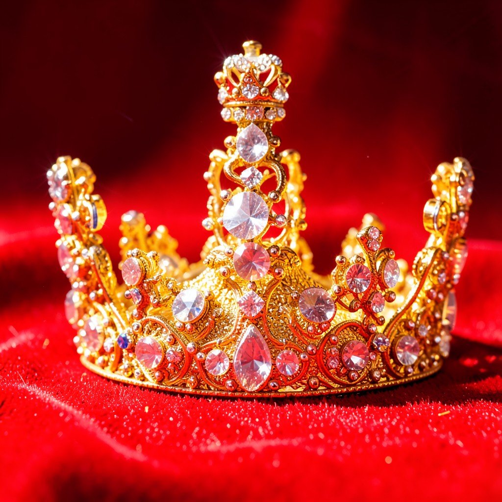 British royal crown jewels sparkling under bright light red velvet background, luxurious detailed gold craftsmanship, Review/Daily style, lifestyle photography, warm lighting, 1:1