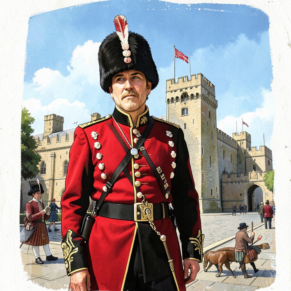 Yeoman Warder guide in traditional red and black uniform at the Tower of London, bright daylight, textured background, History/Culture style, artistic illustration, 4:3