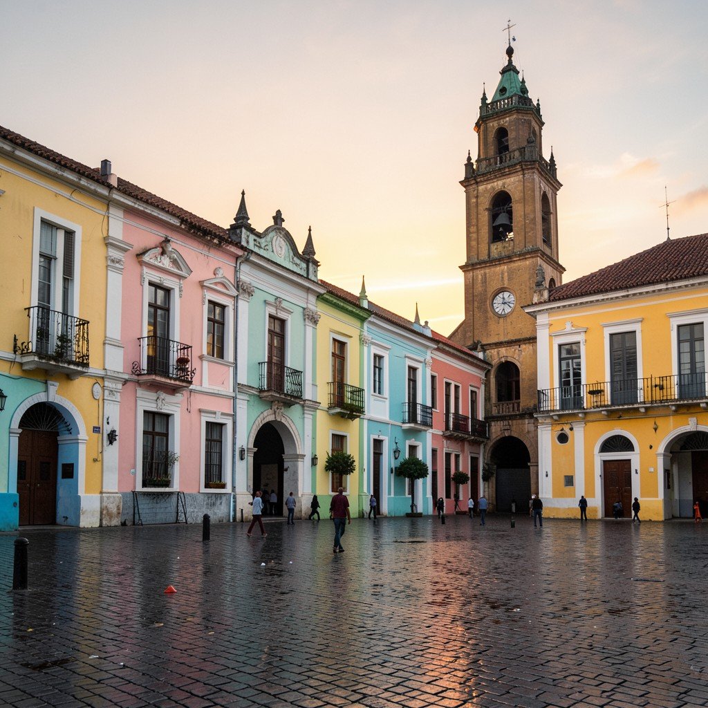 Historic Plaza Mayor in Trinidad Cuba with pastel colored colonial buildings church tower warm sunset lighting no text aspect ratio 4:3