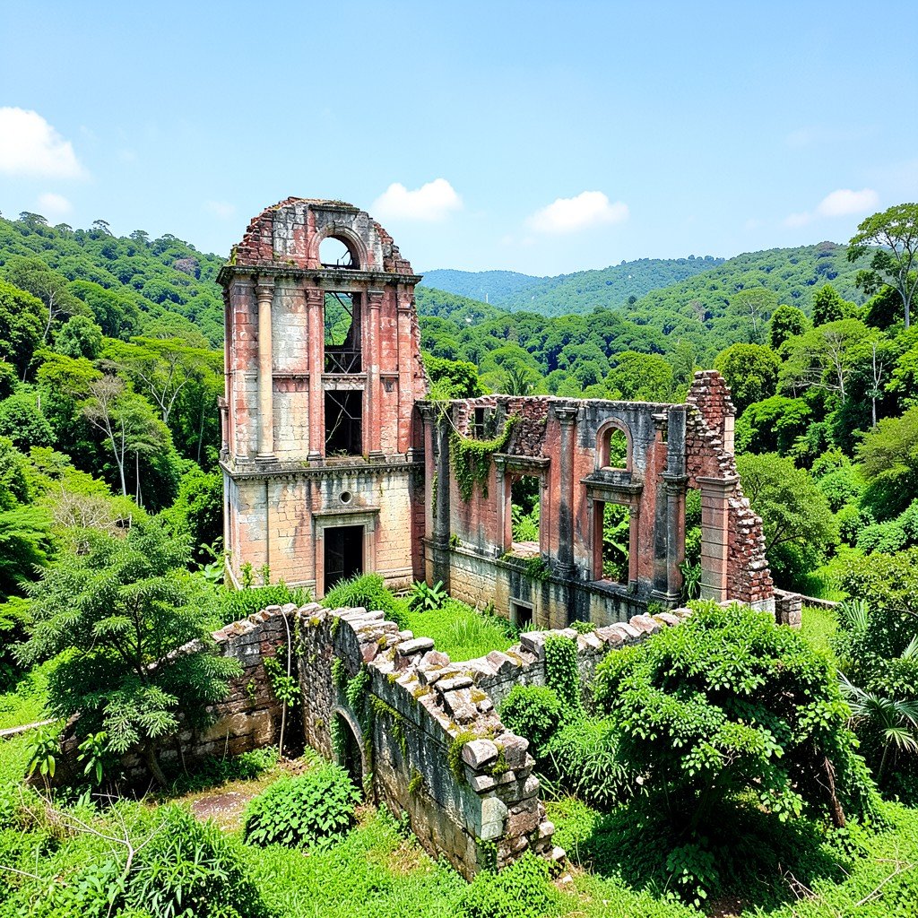 Ruins of a historical sugar mill in Valle de los Ingenios Cuba lush green valley landscape clear sky no text aspect ratio 1:1