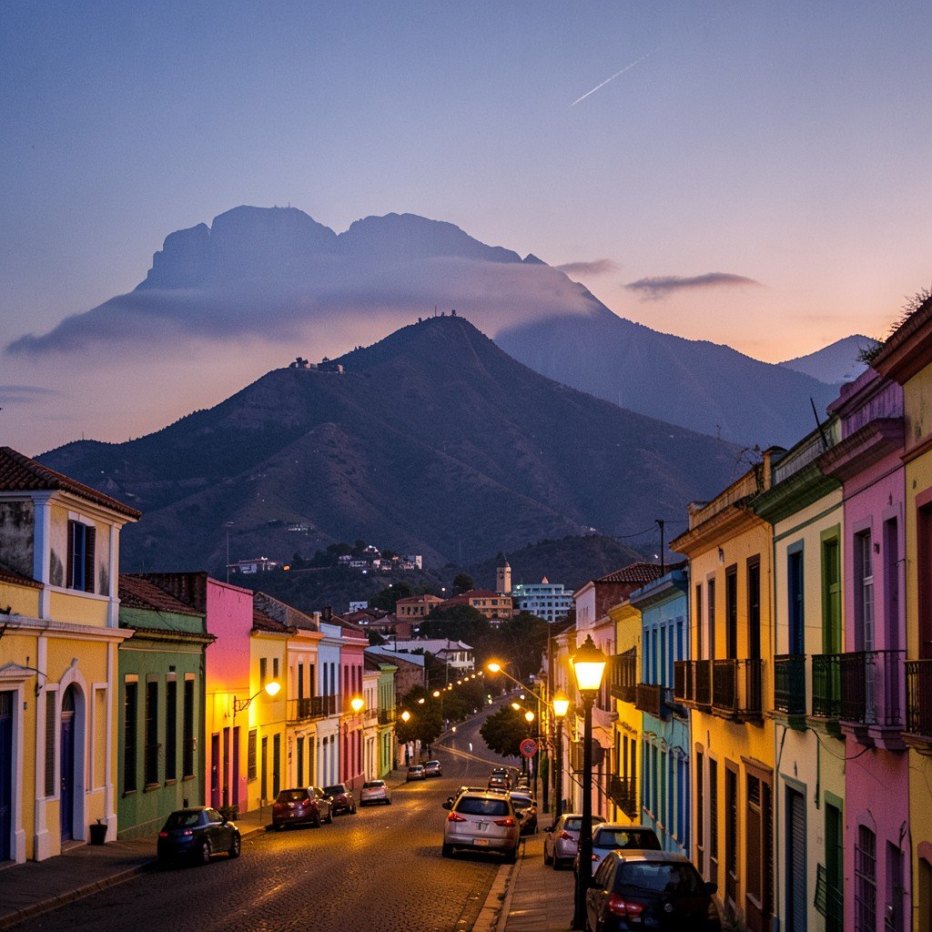 Scenic view of Trinidad Cuba at dusk with mountains in the background warm glowing streetlights colorful facades no text aspect ratio 4:3