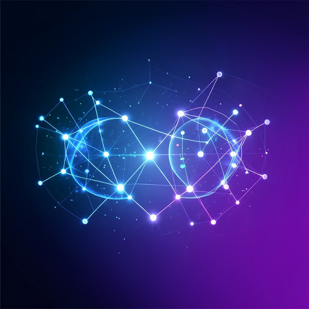 Abstract representation of two different AI systems merging, glowing nodes connecting in a digital space, dark blue and purple gradient background, aspect ratio 4:3