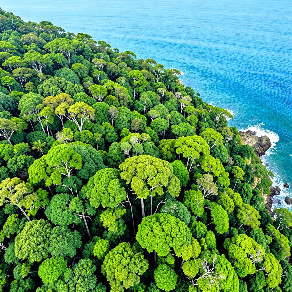 Aerial view of the dense green canopy of the Wet Tropics of Queensland Australia, ancient lush rainforest meeting the blue ocean, vibrant tropical nature, highly detailed landscape photography, aspect ratio 4:3