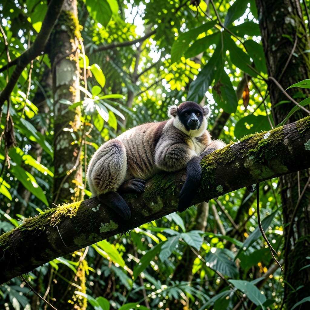 A tree kangaroo resting on a thick branch in the dense green rainforest of Queensland Australia, sunlight filtering through the canopy, wildlife nature photography, vivid colors, aspect ratio 4:3
