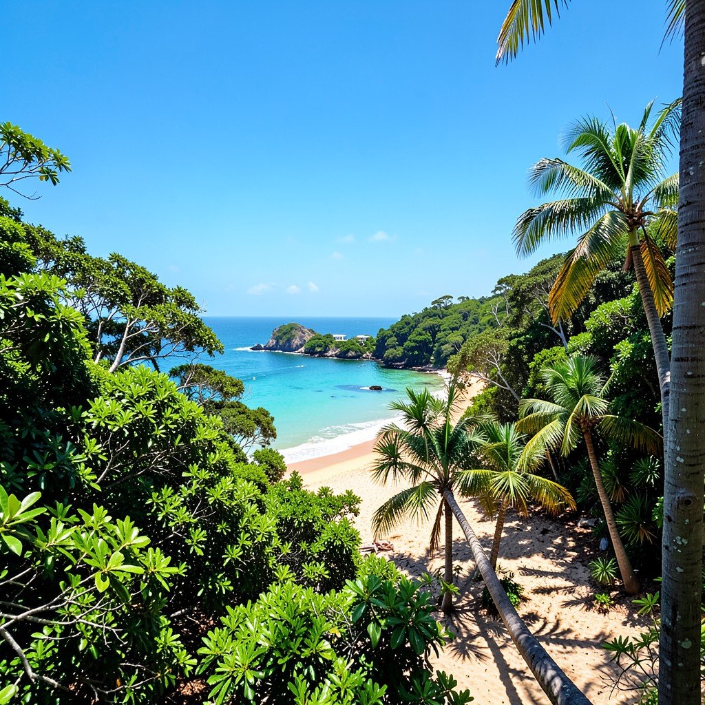 Where the lush green rainforest meets the turquoise ocean at Cassuarina Coastal Reserve Australia, sandy beach with tropical trees, bright sunny day, beautiful landscape photography, aspect ratio 4:3