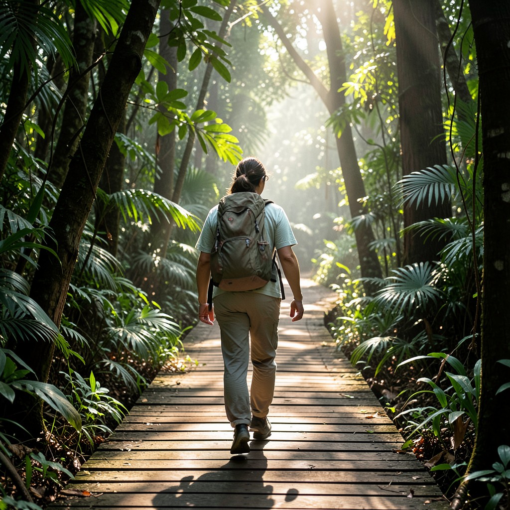 A traveler walking on a wooden boardwalk in a dense tropical rainforest wearing light hiking gear and a backpack, dappled sunlight, humid jungle atmosphere, Queensland Australia, lifestyle travel photography, aspect ratio 4:3