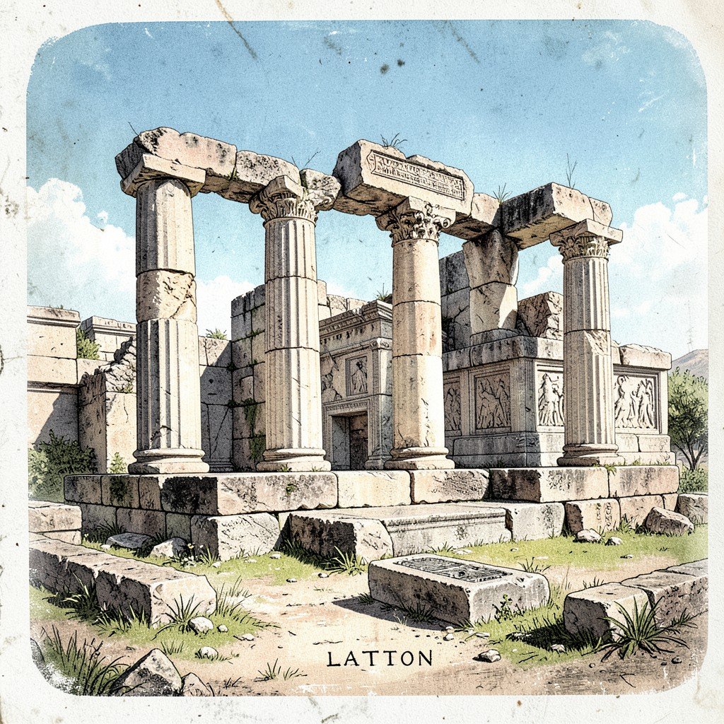 Ancient Lycian ruins of Xanthos and Letoon under bright Mediterranean sunlight, stone pillars and carved tombs, historical illustration style, textured background, aspect ratio 4:3