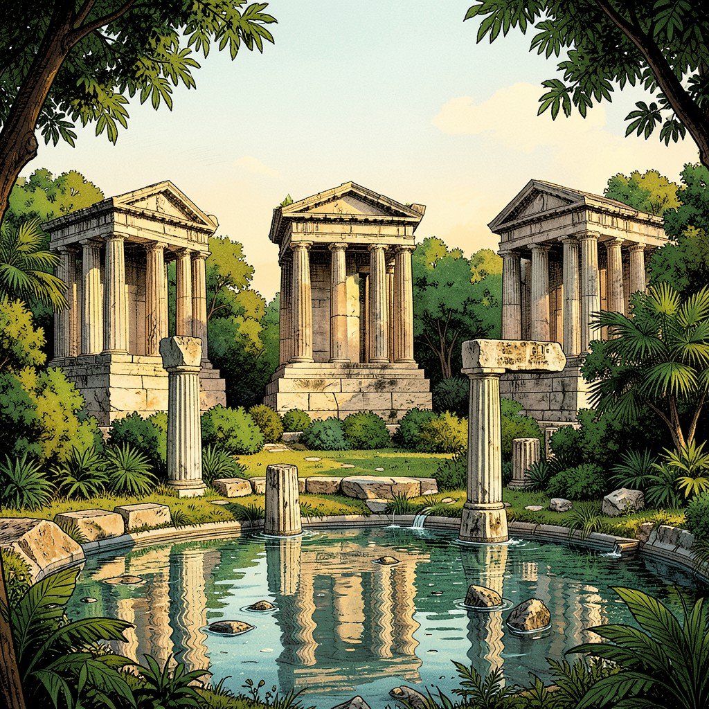The three temples of Letoon with a sacred pond in the foreground, ancient Greek columns partially submerged in water, lush greenery, warm lighting, historical illustration style, aspect ratio 4:3