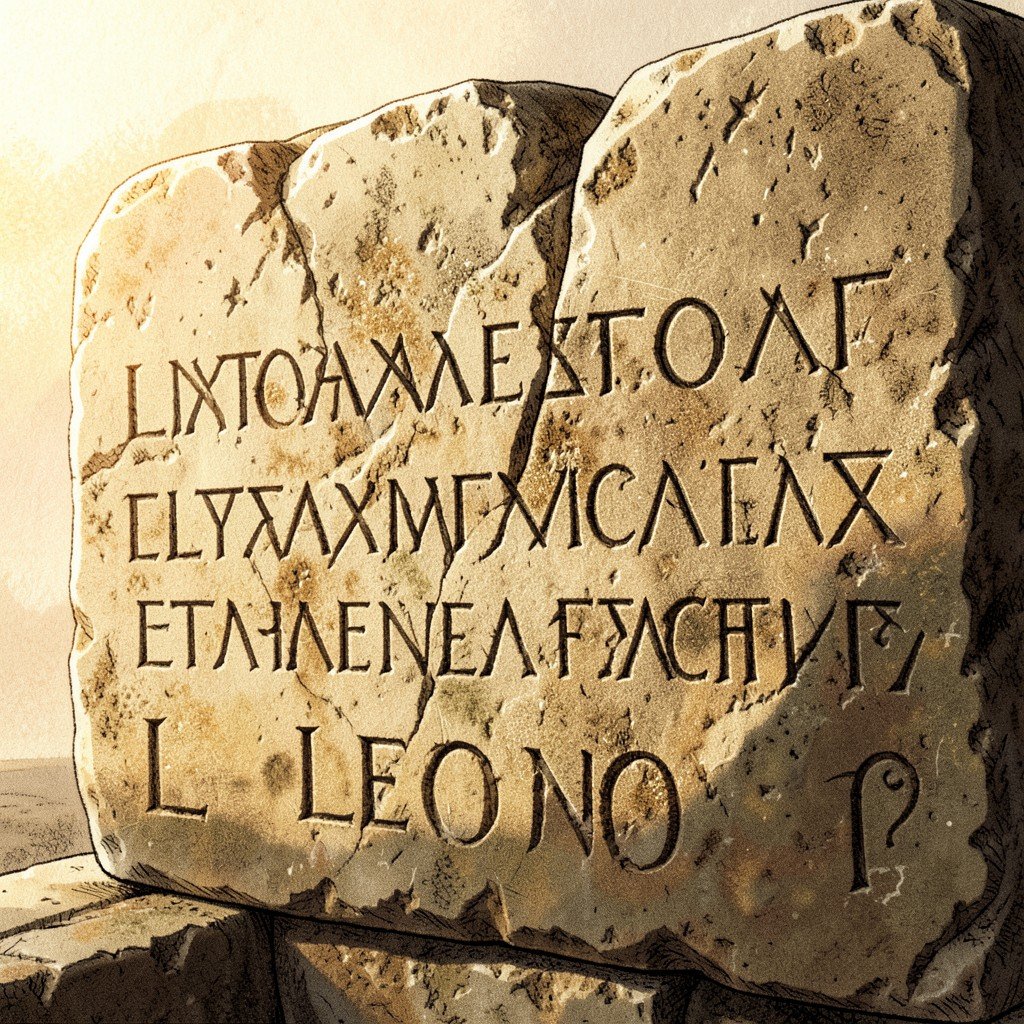 Ancient stone block with Greek and Lycian inscriptions at Letoon, close up texture of carved letters, warm sunlight casting soft shadows, historical illustration style, aspect ratio 1:1