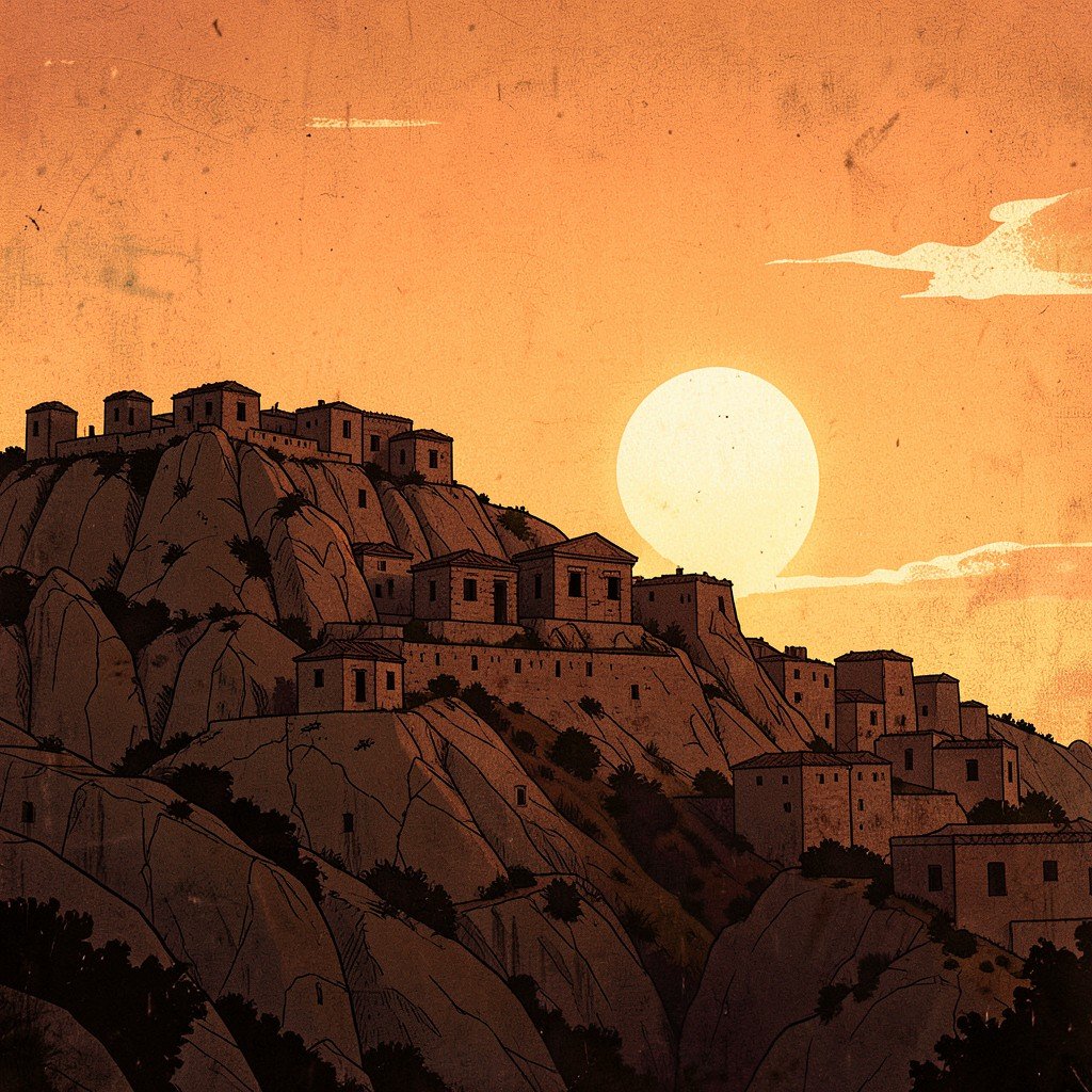 Sunset over the ancient city of Xanthos hill, silhouettes of Lycian rock tombs against a warm orange sky, historical illustration style, textured background, aspect ratio 4:3
