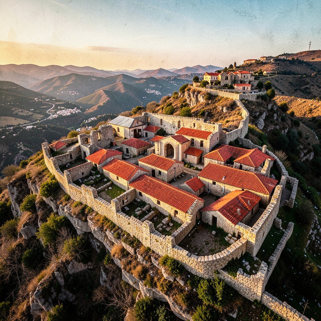 Aerial view of the archaeological site of Mystras in Greece, Byzantine ruins on a steep hillside, red tile roofs, ancient stone walls, Mediterranean landscape, warm sunlight, History Culture style, artistic rendering, textured background, no text, 4:3