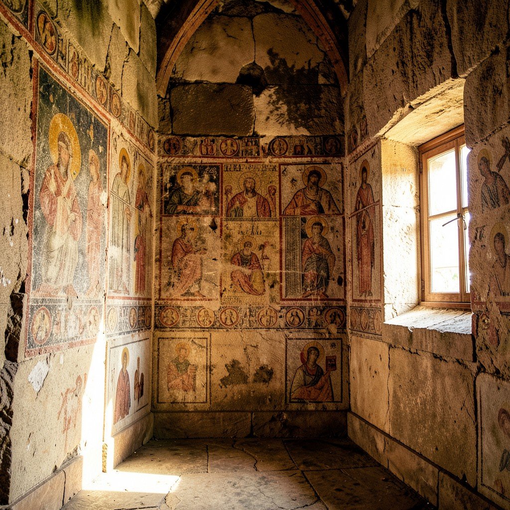 Interior of a Byzantine church in Mystras Greece, ancient faded frescoes on stone walls, religious iconography, warm natural lighting from windows, textured stone surfaces, History Culture style, artistic rendering, no text, 1:1