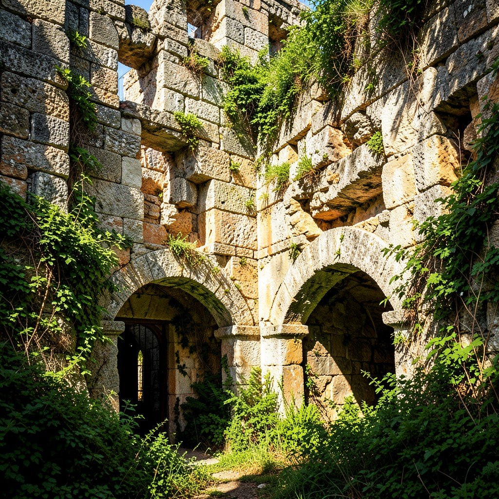 Weathered stone ruins of Mystras Greece, arched doorways and crumbling walls, overgrown with green foliage, sunlight casting soft shadows, rich textured background, History Culture style, artistic rendering, no text, 4:3