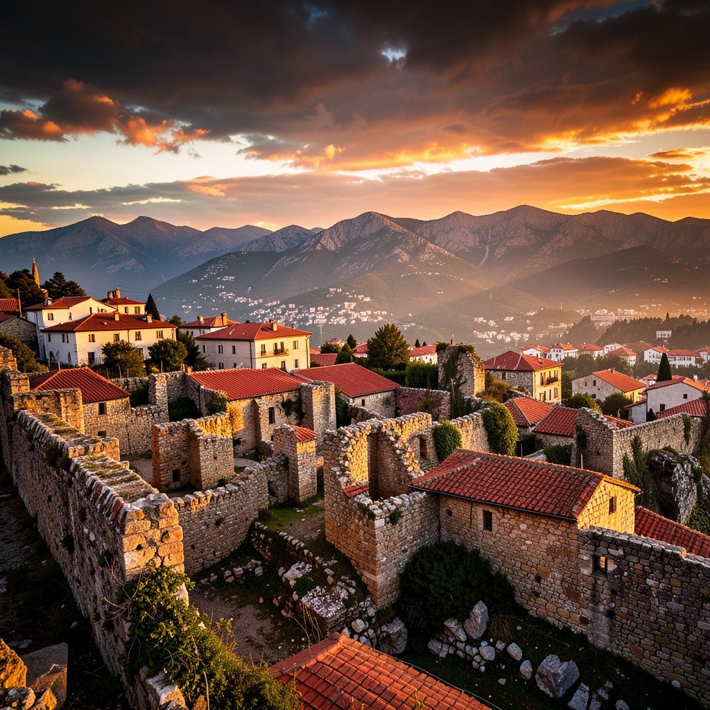 Sunset view over the archaeological site of Mystras in Greece, golden hour lighting on ancient stone walls and red roofs, distant mountains, dramatic sky, warm lighting, History Culture style, artistic rendering, no text, 16:9