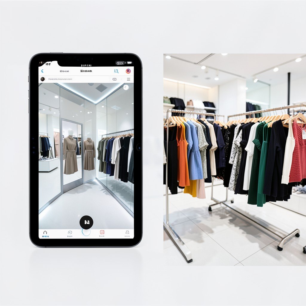 Split screen of online virtual fitting room on a tablet and physical clothing rack in a store, modern clean layout, bright balanced lighting, aspect ratio 4:3