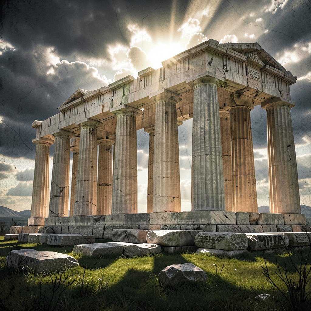 Remains of the Temple of Zeus at Olympia, massive fallen Doric columns on grassy ground, ancient stone foundations, dramatic sun rays breaking through clouds, historical and cultural illustration style, textured background, aspect ratio 4:3