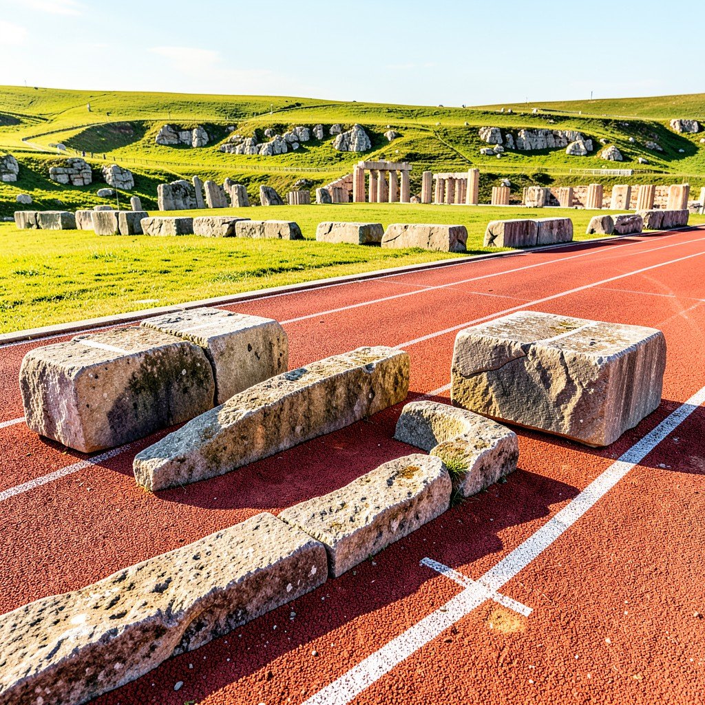 Ancient stone starting blocks on the running track at the Archaeological Site of Olympia Greece, grassy banks in the background, bright daylight, clear details of the stone grooves, historical and cultural illustration style, warm lighting, aspect ratio 4:3