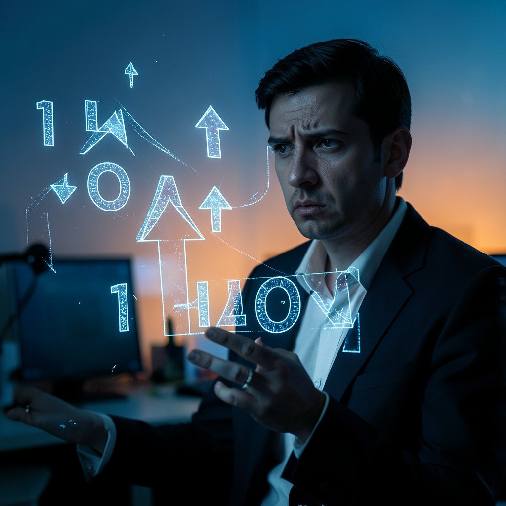 A concerned financial analyst looking at floating holographic numbers and upward arrows, dimly lit office, serious atmosphere, blue and orange gradient background, aspect ratio 1:1