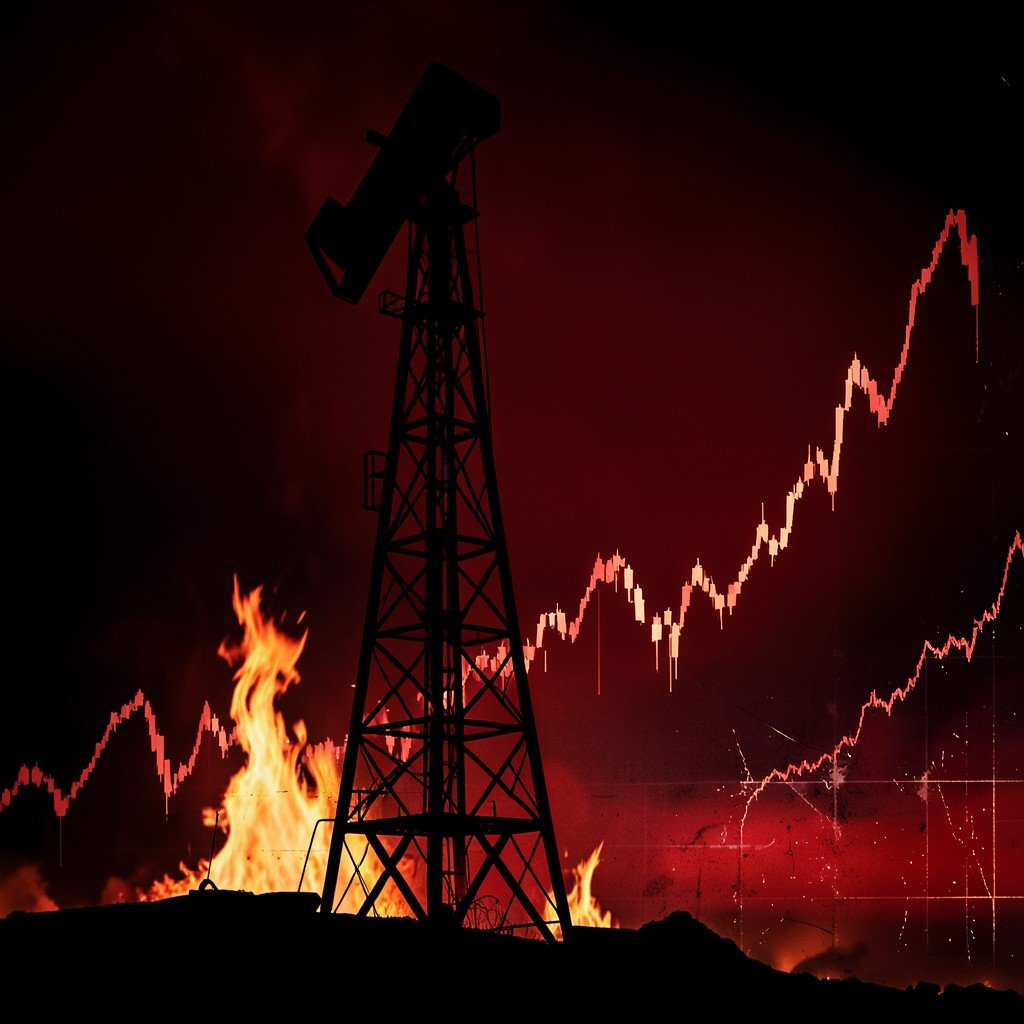 An oil derrick silhouette with flames and a distressed stock market chart going downward, dramatic dark red and black gradient background, intense atmospheric lighting, aspect ratio 4:3