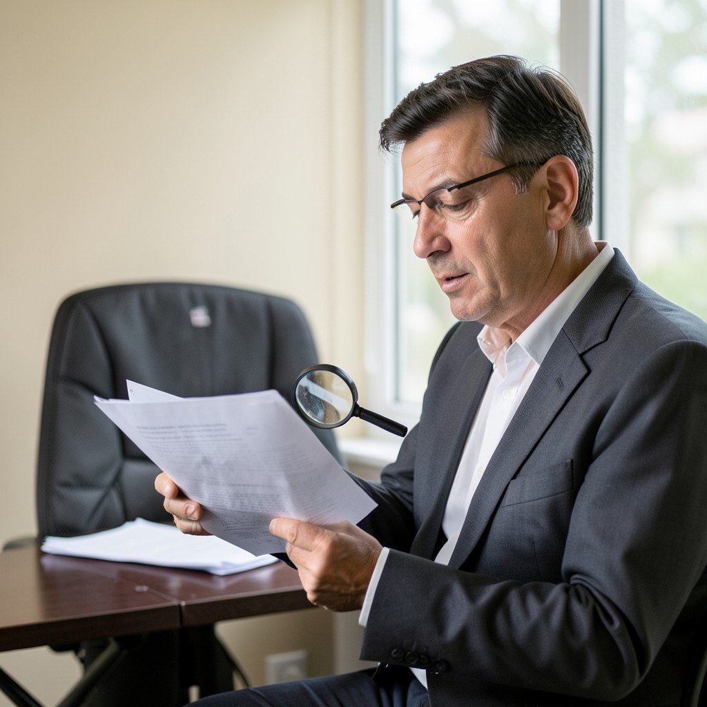 A thoughtful investor analyzing documents with a magnifying glass near a calm office window, soft natural lighting, peaceful beige gradient background, aspect ratio 1:1