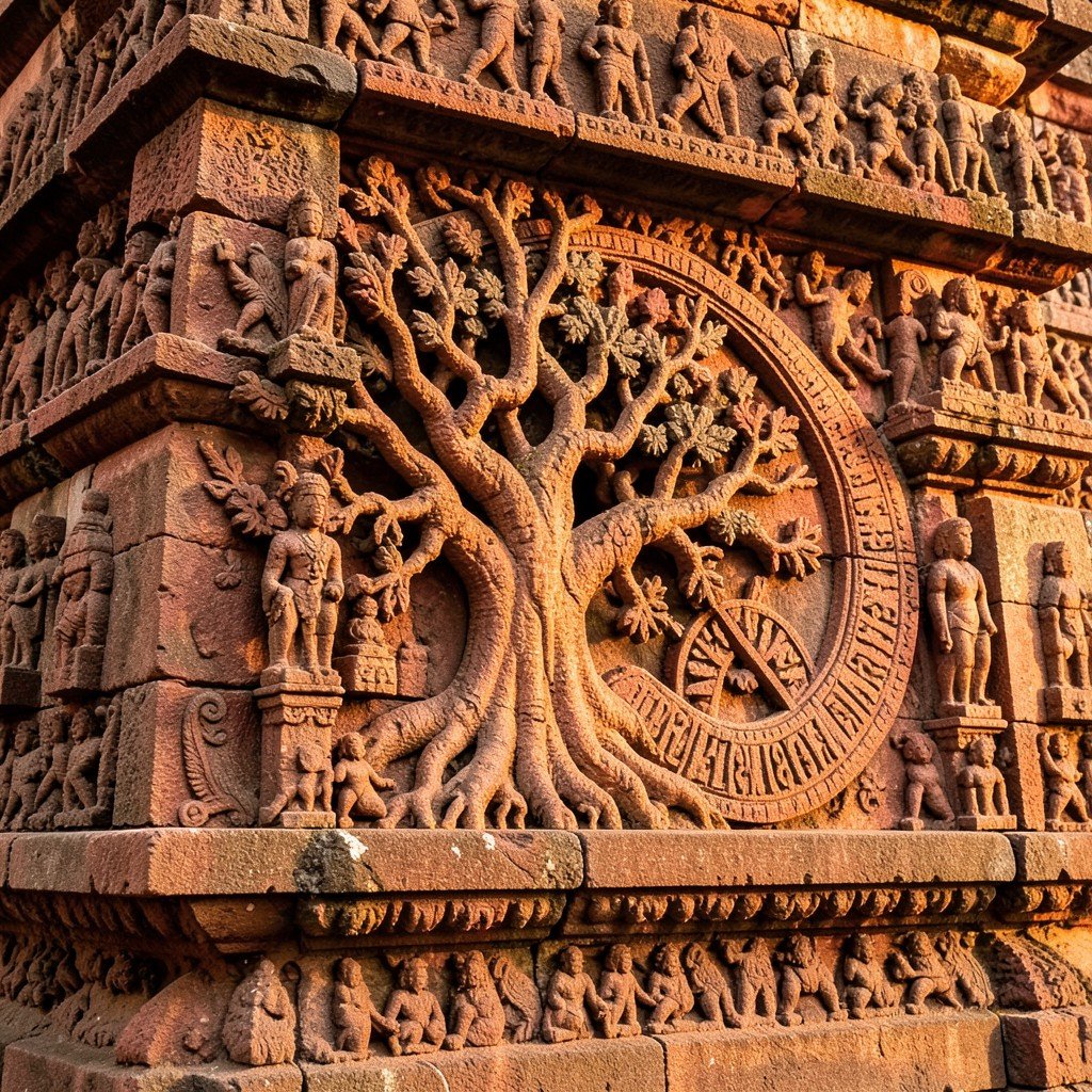 Close up of intricate stone carvings on a Torana gateway at Sanchi Stupa depicting the Bodhi tree and Dharma wheel without any human figure, detailed texture, warm lighting, History/Culture style, 1:1
