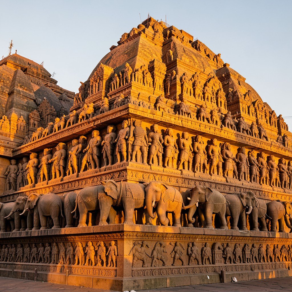 Highly detailed northern gateway Torana of Sanchi Stupa with elaborate carvings of elephants and riders, warm golden hour light highlighting the sandstone textures, History/Culture style, 1:1