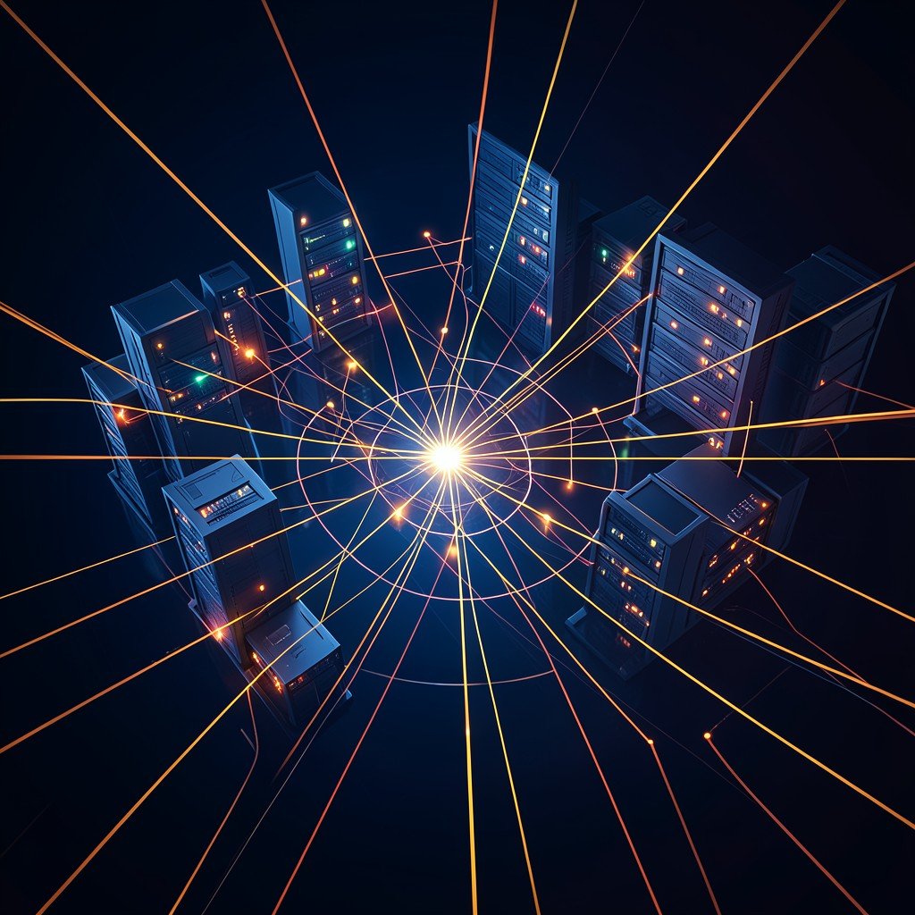 Abstract representation of complex financial networks and data servers connected by glowing lines, modern corporate aesthetic, dark blue and orange tones, no visible text, aspect ratio 1:1