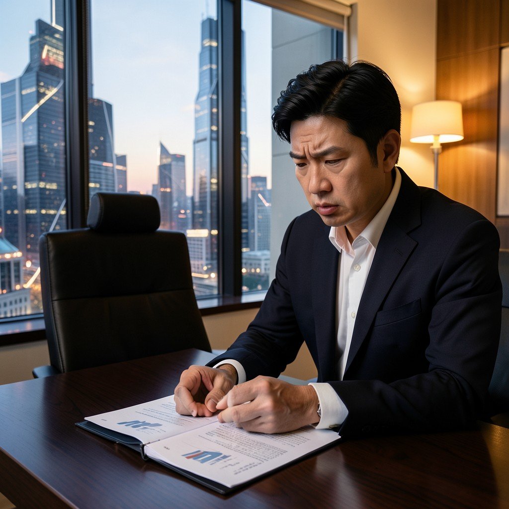 A professional looking concerned while reviewing financial documents on a sleek desk with a futuristic cityscape outside, warm indoor lighting, serious expression, Korean appearance, no visible text, aspect ratio 4:3