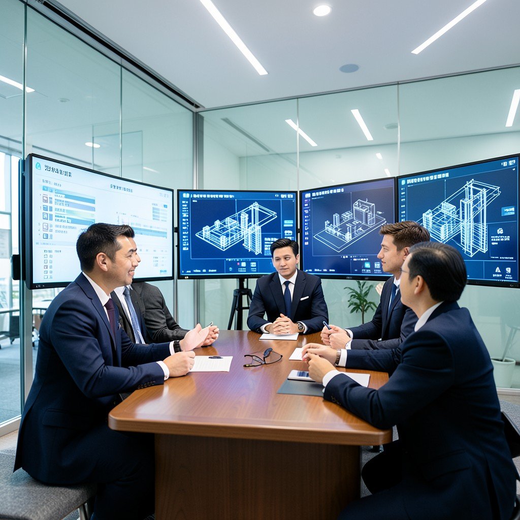 A specialized insurance team discussing bespoke policies in a modern glass-walled boardroom with digital screens showing data center blueprints, bright balanced lighting, Korean appearance, no visible text, aspect ratio 1:1