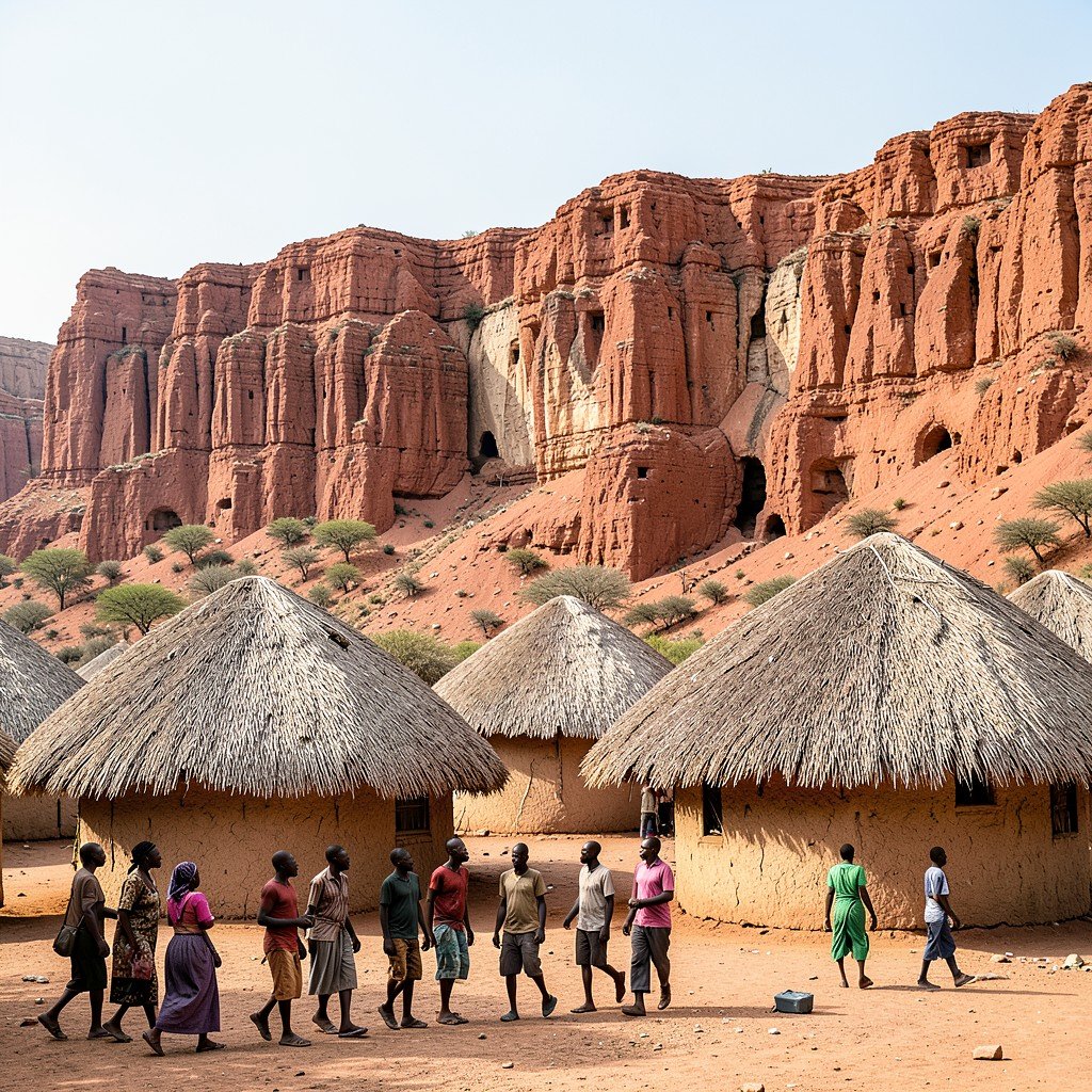 Traditional Dogon thatched house village at the base of the Bandiagara cliff in Mali, people with African appearance walking, History Culture style, 4:3