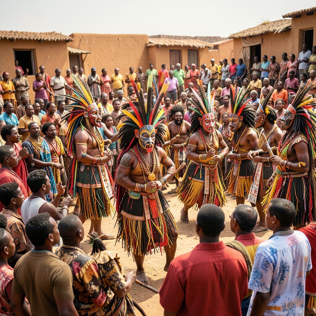 Dogon tribe traditional masked dance ceremony in Mali, colorful wooden masks, crowd watching, History Culture style, 4:3