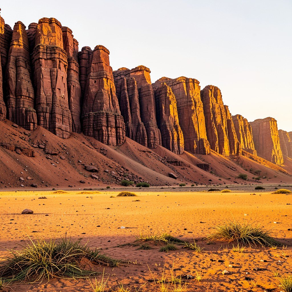 Sandstone cliffs of Bandiagara Escarpment meeting the sandy plains of Mali, afternoon sunlight, History Culture style, 4:3