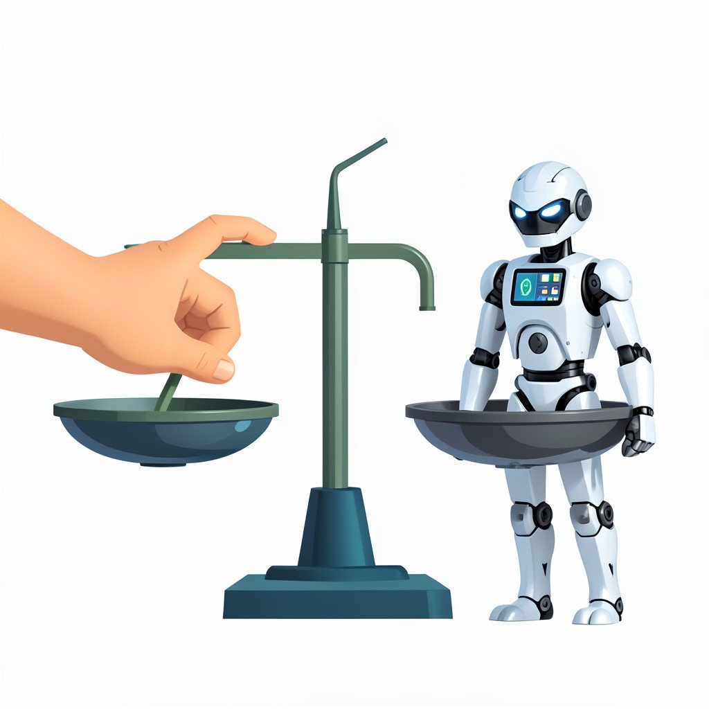 A balanced scale with a human hand on one side and a digital robot on the other, symbolizing responsibility in financial advice, modern layout, no text, 1:1 aspect ratio