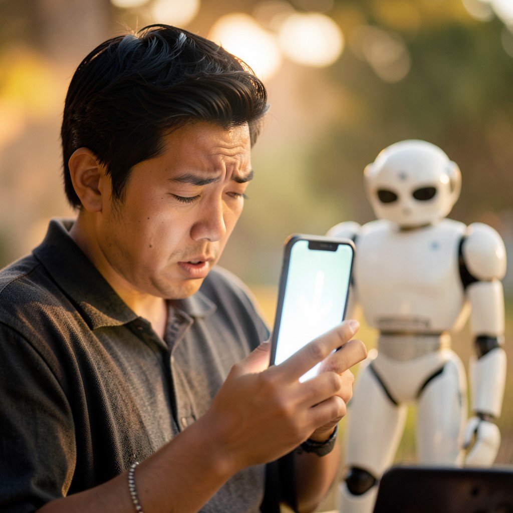 A person looking confused at a glowing smartphone showing a downward arrow while a robot in the background stays neutral, lifestyle photography, warm lighting, natural setting, no text, 4:3 aspect ratio