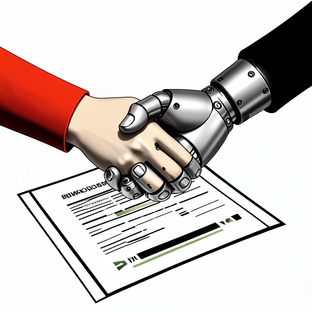 A human hand and a robotic hand shaking over a financial document, symbolizing collaboration between human advisors and AI, clean infographic style, high contrast, no text, 1:1 aspect ratio