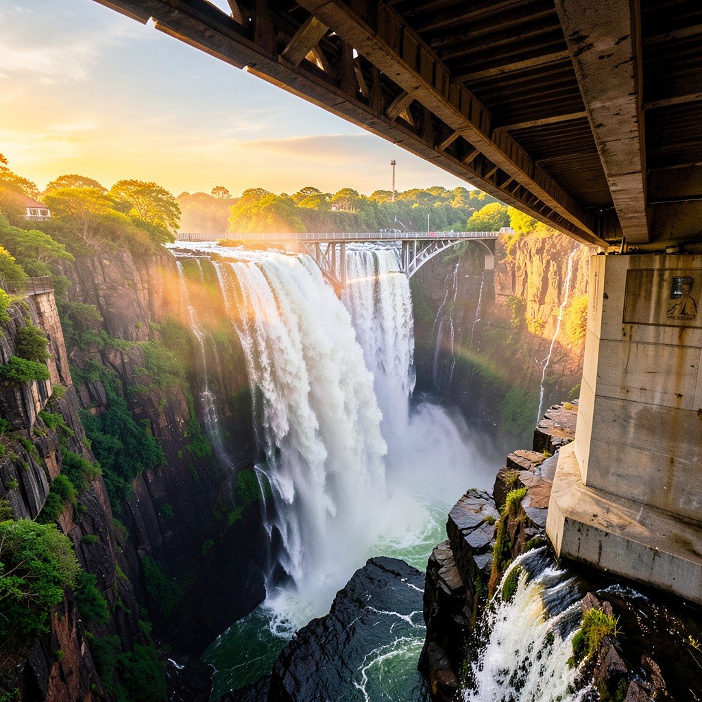 View from Victoria Falls Bridge showing the deep gorge and water spray, architectural bridge structure in frame, vibrant natural background, warm lighting, 1:1