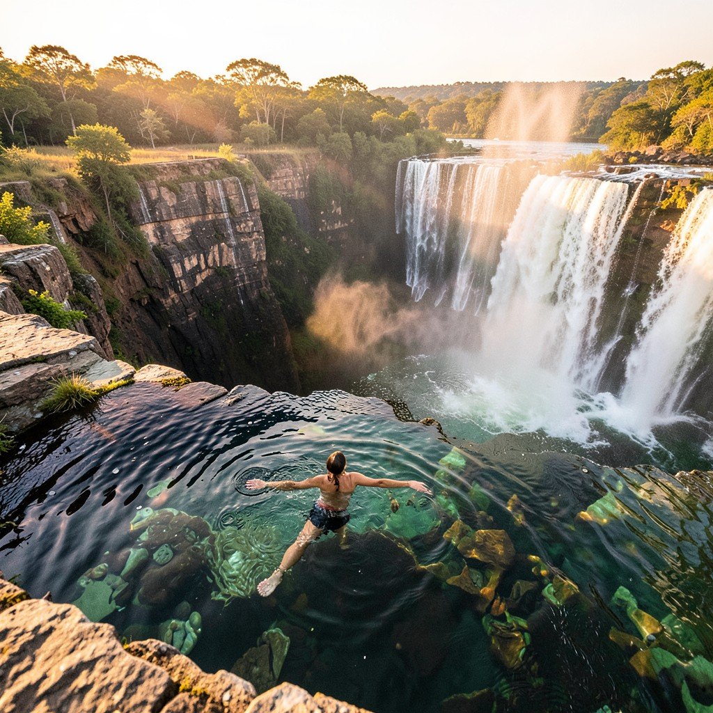 A person safely swimming in Devils Pool at the edge of Victoria Falls, looking down at the deep gorge, clear water, water spray in the background, warm lighting, natural setting, 4:3
