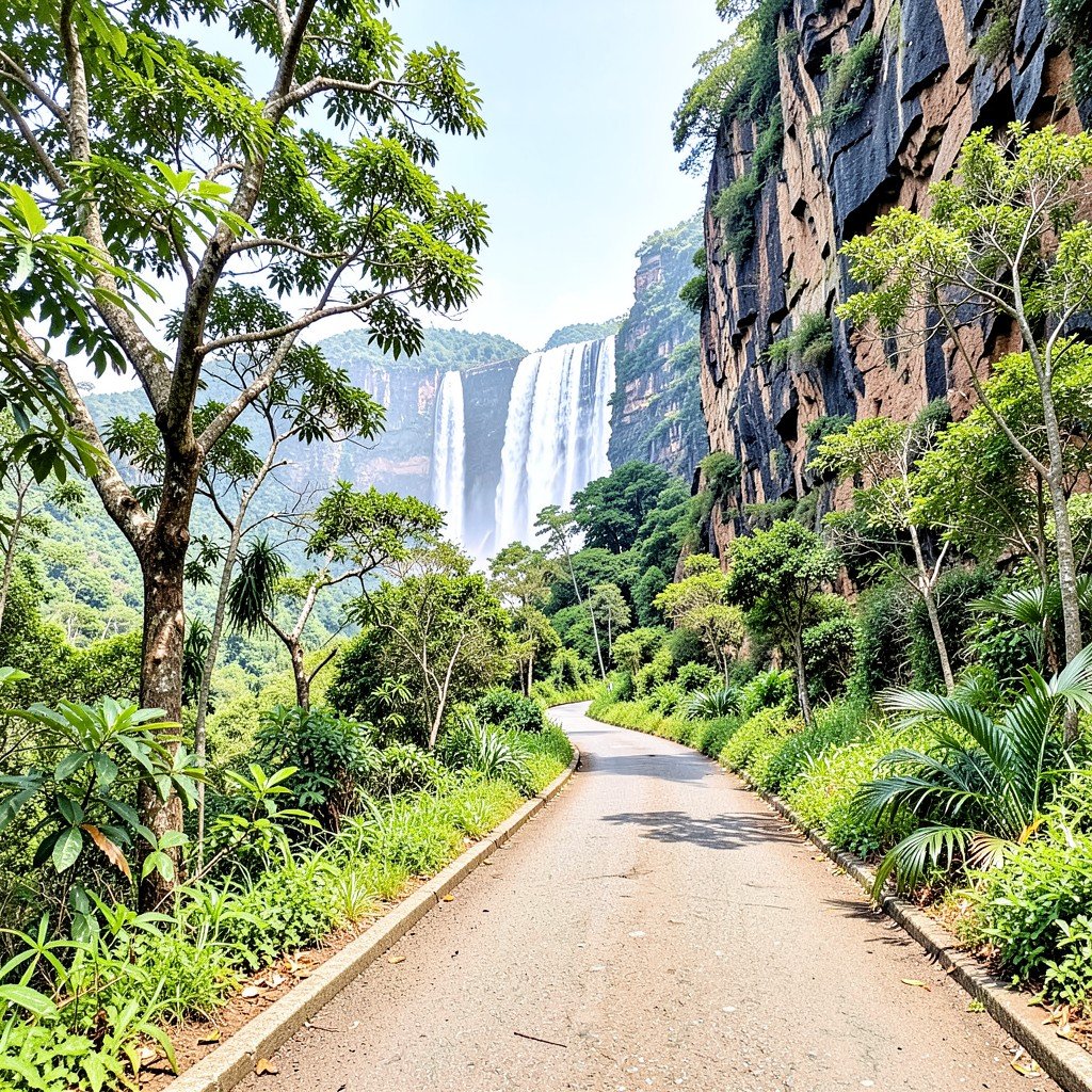 Walking path in Mosi-oa-Tunya National Park with lush greenery and views of Victoria Falls in the distance, textured natural background, bright balanced lighting, 1:1
