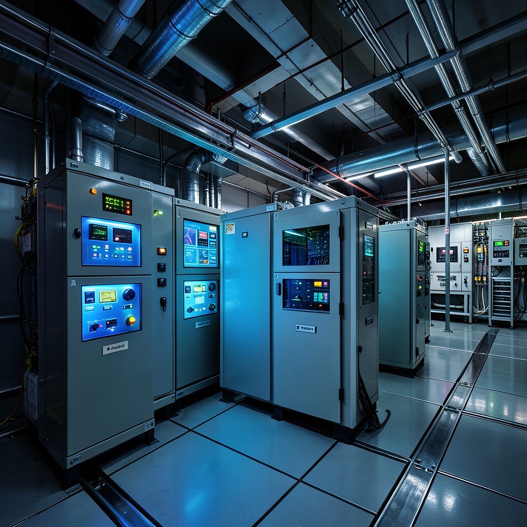Industrial energy management and automation facility interior with glowing control panels and modern infrastructure, high contrast, aspect ratio 4:3