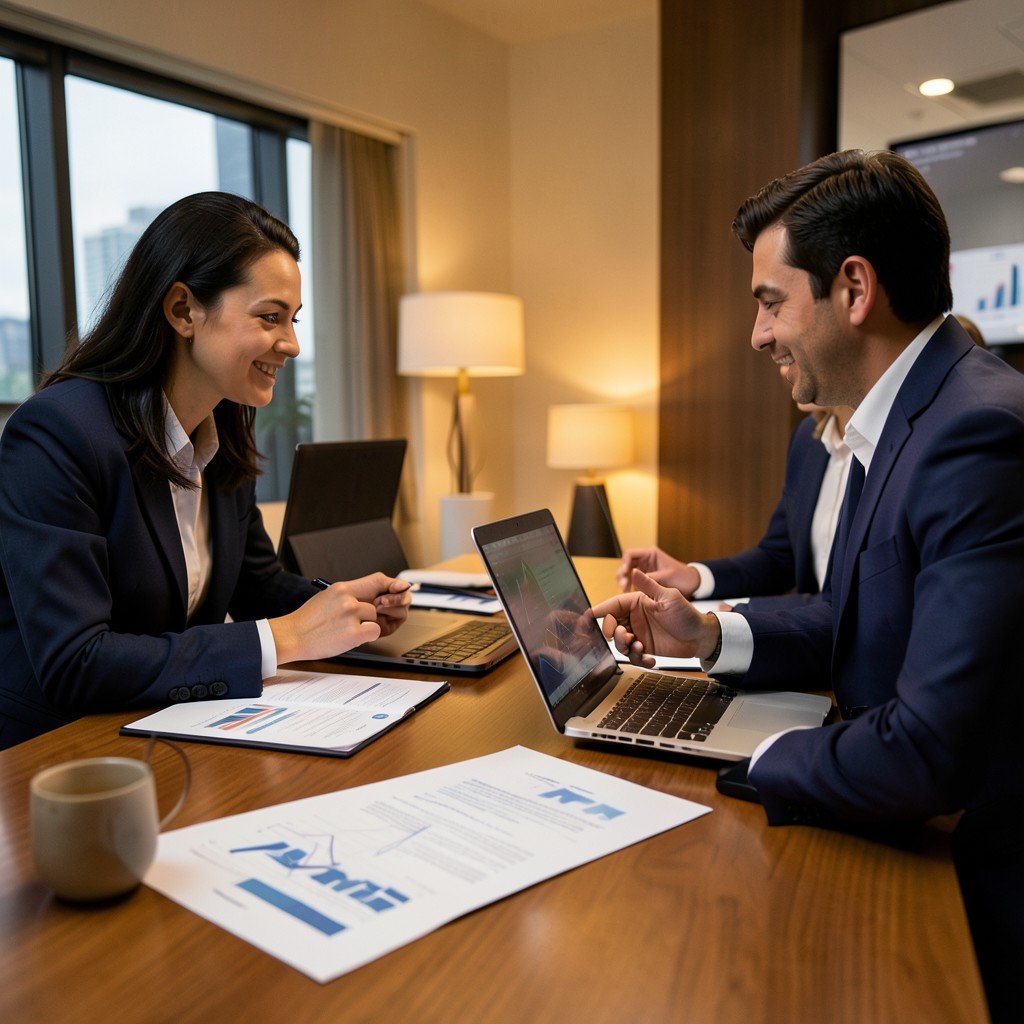 Professional business meeting discussing financial investment strategy with documents and laptops on a table, warm lighting, aspect ratio 1:1