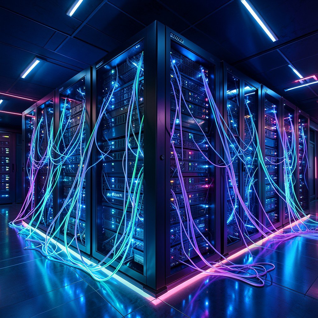 Futuristic cloud data center with glowing blue servers and network cables representing Oracle AI infrastructure, vibrant lighting, aspect ratio 4:3