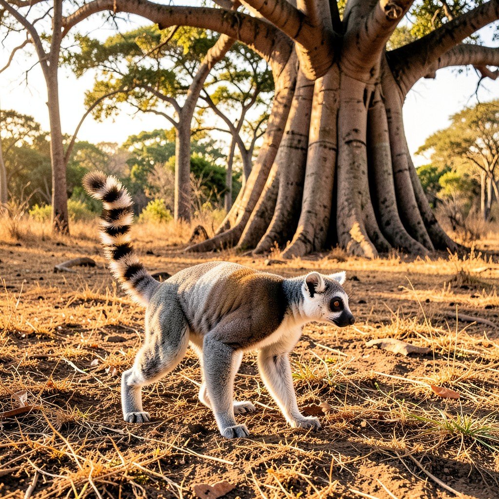 Ring-tailed lemur walking on dry forest ground with baobab trees in the background Madagascar wildlife lifestyle photography warm lighting natural setting aspect ratio 4:3