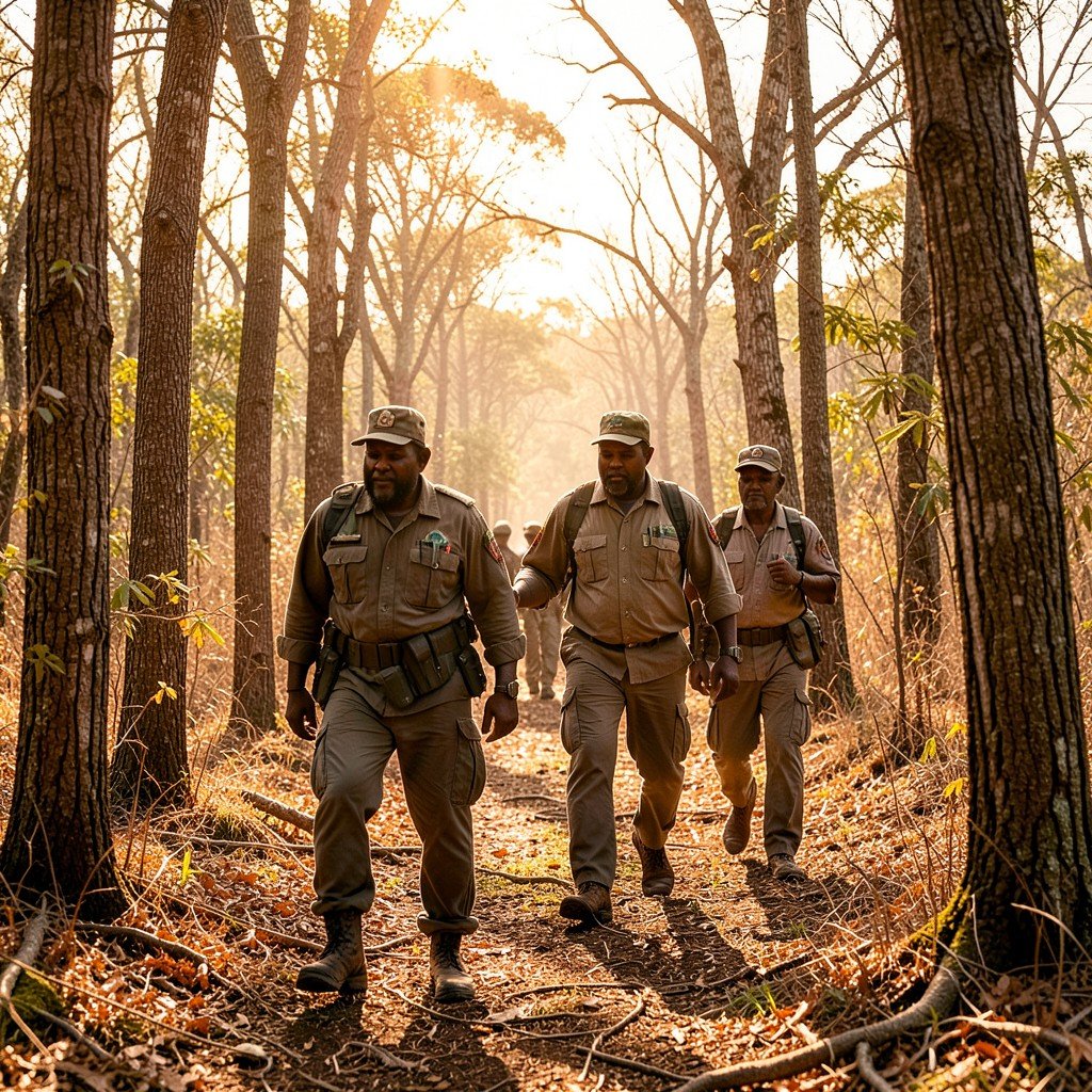 Malagasy local community rangers walking through dry forest patrolling and conserving nature Madagascar lifestyle photography warm lighting natural setting aspect ratio 1:1