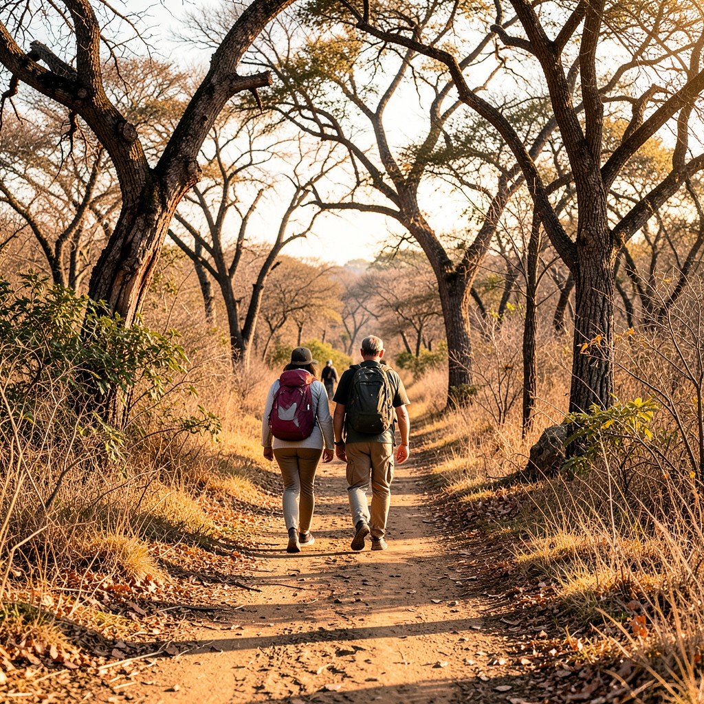 Hikers walking on a designated trail in Andrefana dry forest Madagascar natural setting warm lighting lifestyle photography aspect ratio 4:3