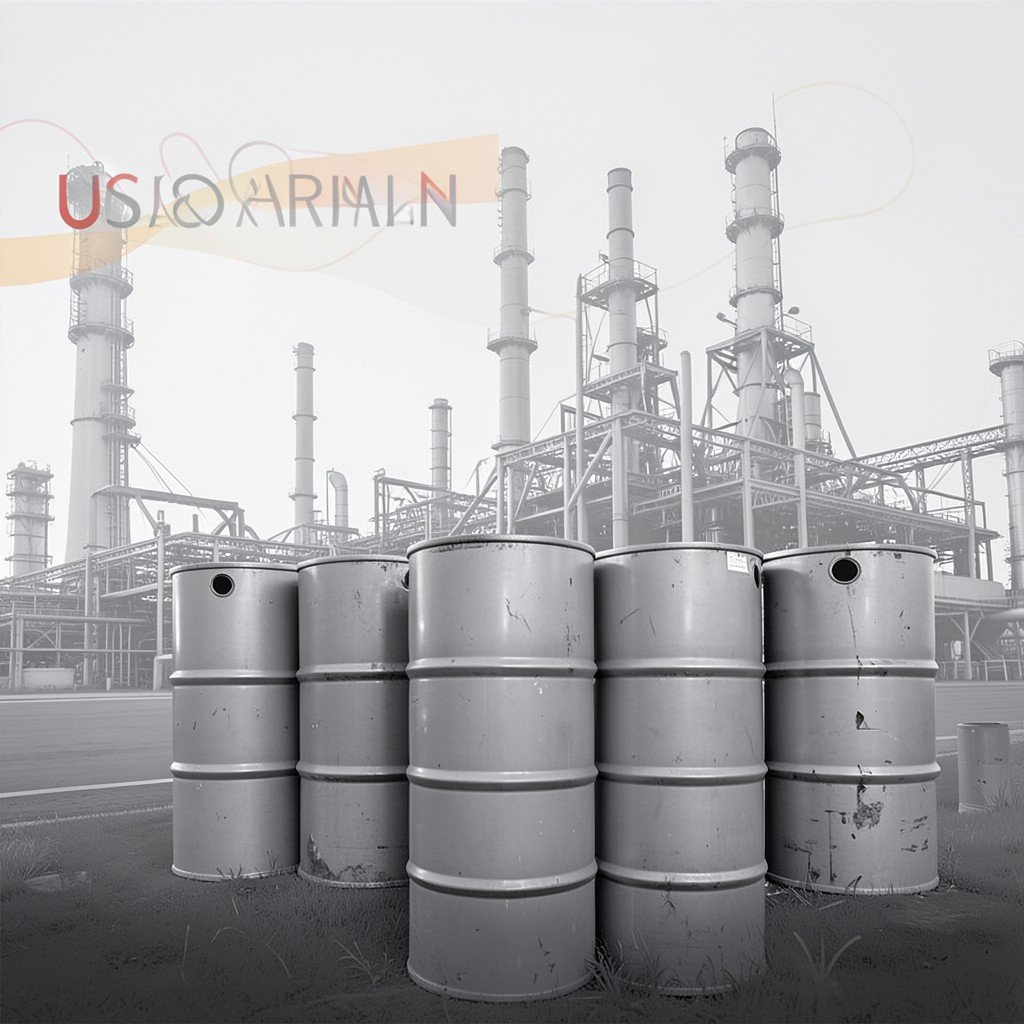 Oil barrels stacked in front of a refinery with subtle US treasury bond overlay, industrial atmosphere, clean infographic layout, aspect ratio 4:3