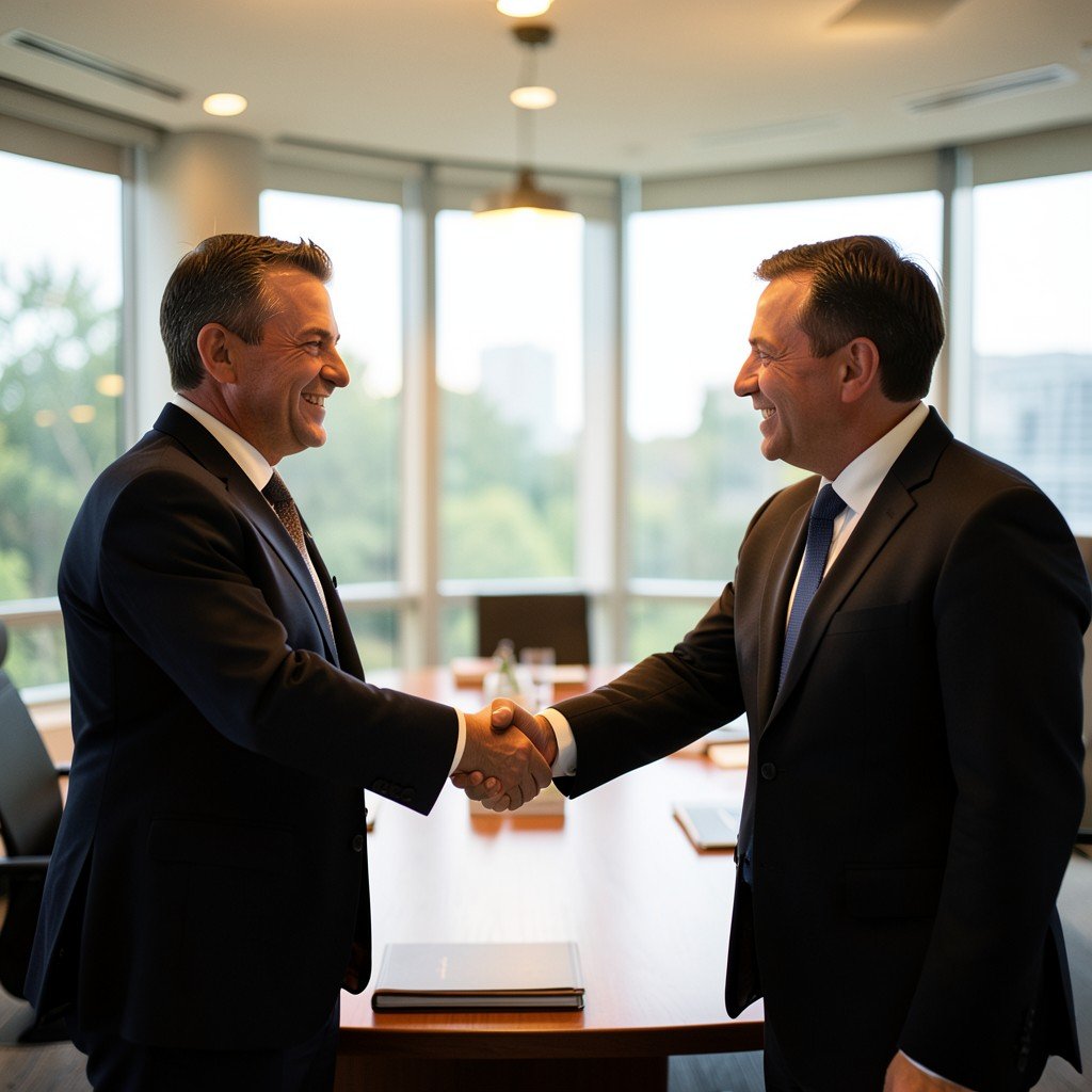 Business executives shaking hands in a modern corporate boardroom, warm professional lighting, natural setting, aspect ratio 1:1